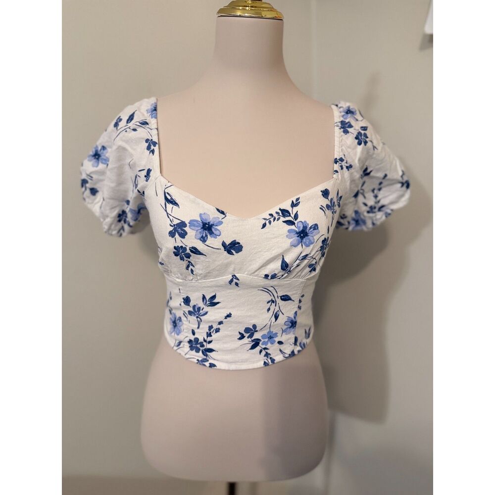 Hollister Blue Floral Linen Blend Puff Sleeve Tie Back Crop Top Size S